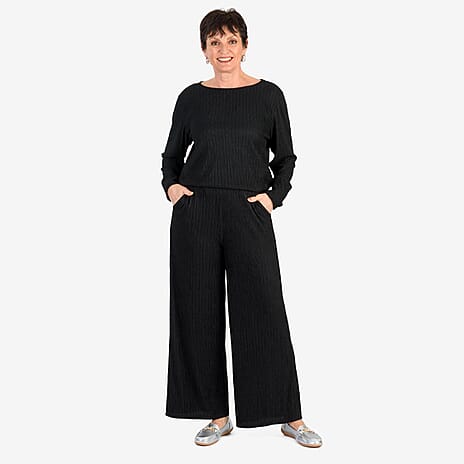 -Maisi Textured Wide Leg Trousers (Size S) - Black