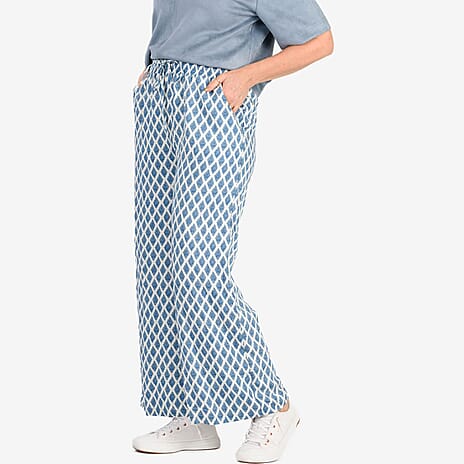 - Maisi Bamboo Linen-feel Wide leg Printed Trousers with Drawstring Waist (Size M) - Blue