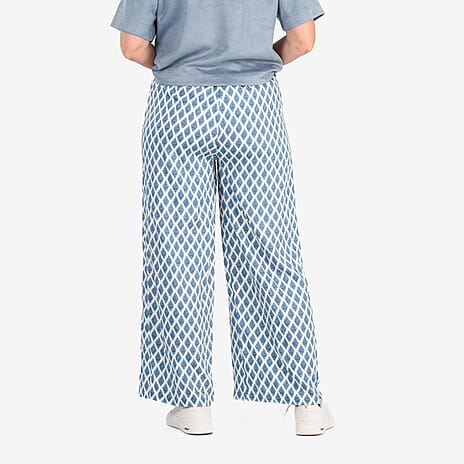 - Maisi Bamboo Linen-feel Wide leg Printed Trousers with Drawstring Waist (Size M) - Blue