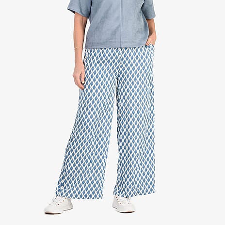 - Maisi Bamboo Linen-feel Wide leg Printed Trousers with Drawstring Waist (Size S) - Blue