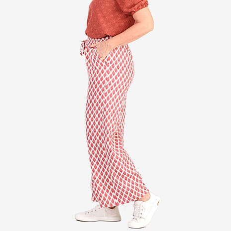 - Maisi Bamboo Linen-feel Wide leg Printed Trousers with Drawstring Waist (Size M) - Red