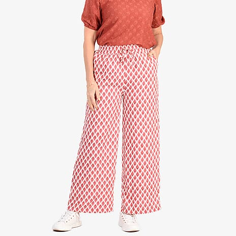 - Maisi Bamboo Linen-feel Wide leg Printed Trousers with Drawstring Waist (Size XL) - Red