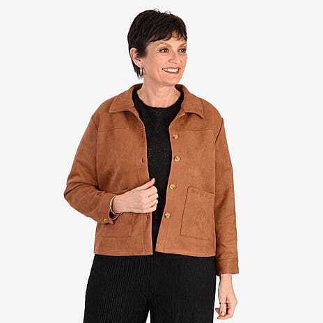 THE SHOWSTOPPER - Designer Inspired - Maisi Suede Feel Stretch Jacket With Pockets (Size S) - BROWN