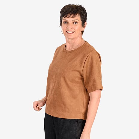 - Maisi Suede Feel Casual Relaxed T-Shirt (Size M) - BROWN