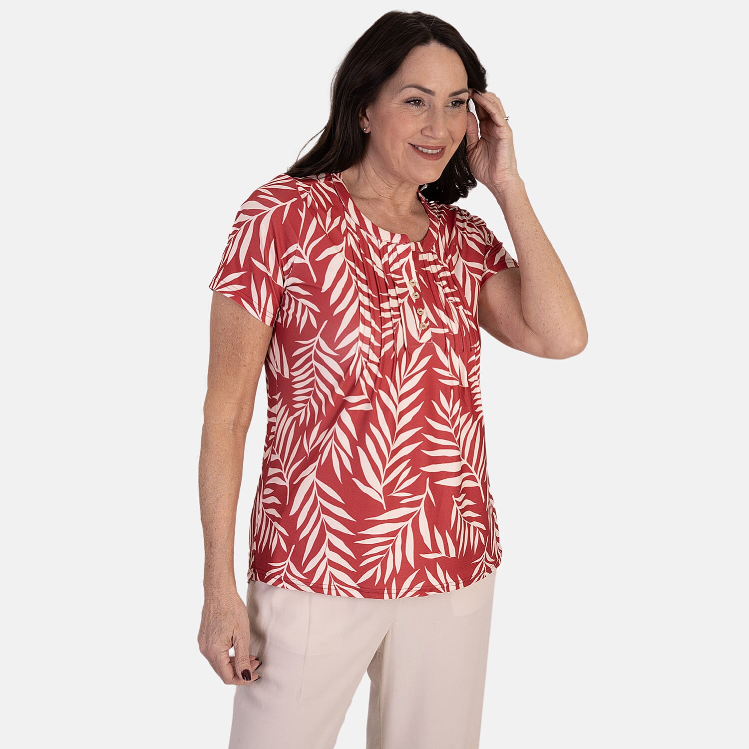 & Maisi Printed Short Sleeve Top With Button Detail