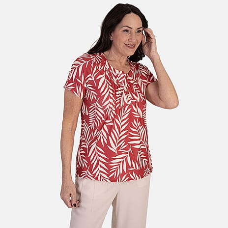 - Maisi Floral Print Short Sleeve Top With Button Detail (Size S, 8-10) - Red