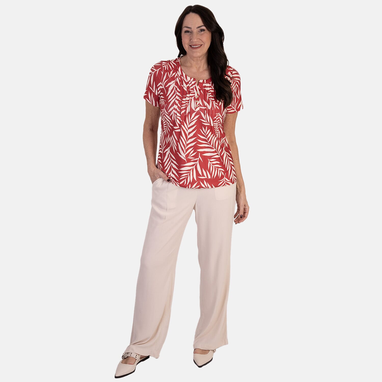& Maisi Printed Short Sleeve Top With Button Detail