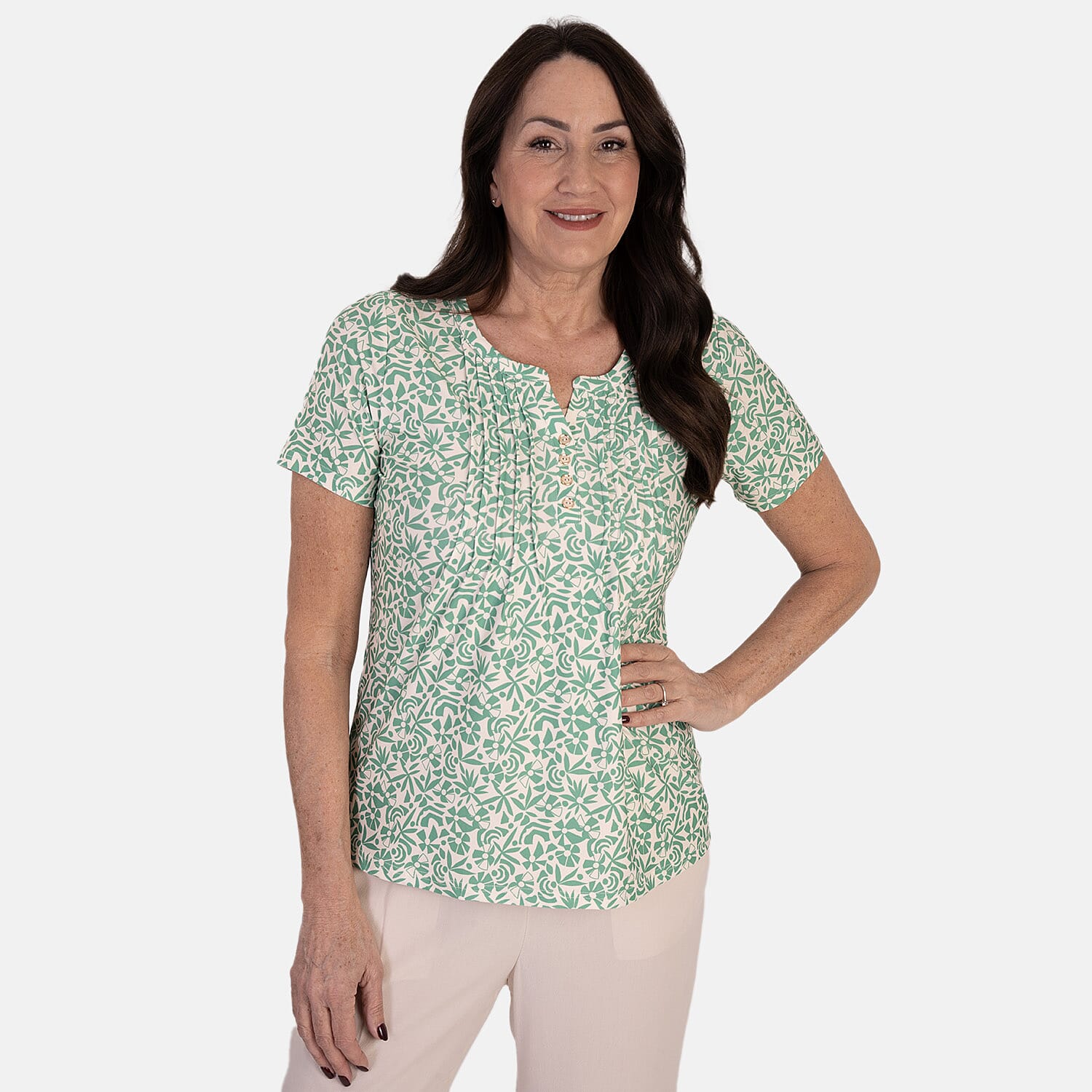 & Maisi Printed Short Sleeve Top With Button Detail