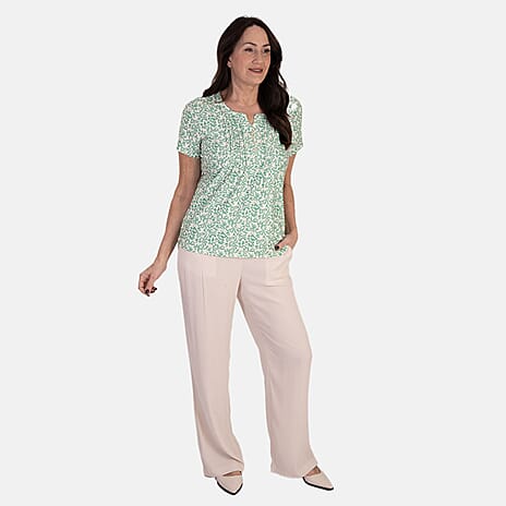 - Maisi Floral Print Short Sleeve Top With Button Detail (Size M, 12-14) - Green