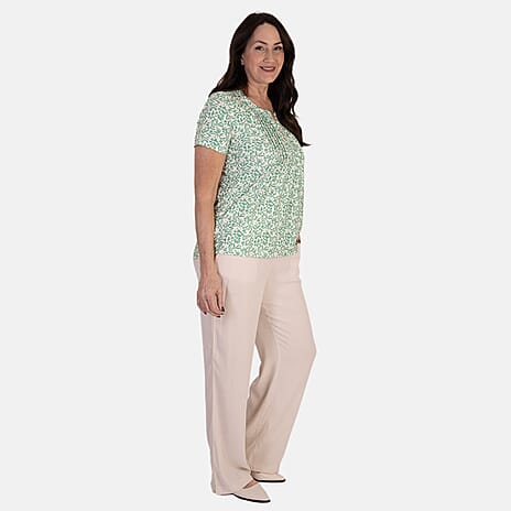 - Maisi Floral Print Short Sleeve Top With Button Detail (Size XL, 20-22) - Green