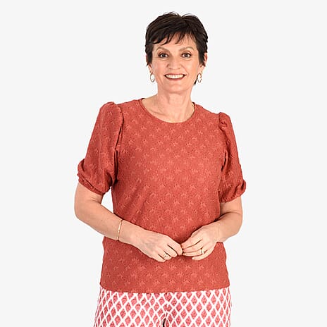 - Maisi Butterfly Embossed Puffed Sleeve Top (Size S) - Red