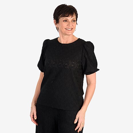- Maisi Butterfly Embossed Puffed Sleeve Top (Size XL) - Black