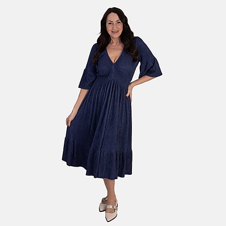 -Maisi Textured Elasticated V-Neck Dress With Bell Sleeve (Size L, 16-18) - Navy