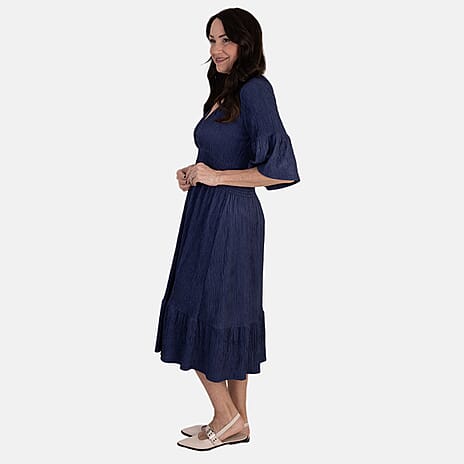 -Maisi Textured Elasticated V-Neck Dress With Bell Sleeve (Size M, 12-14) - Navy