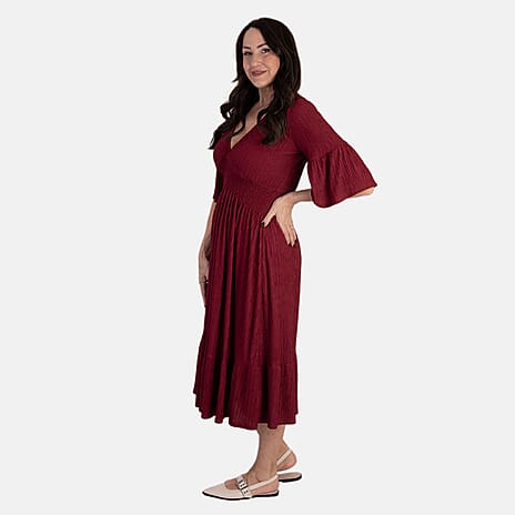-Maisi Textured Elasticated V-Neck Dress With Bell Sleeve (Size XL, 20-22) - Deep Purple