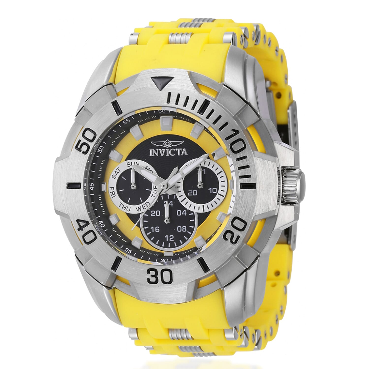 Invicta Sea Spider VH63 Japanese Quartz 10ATM Black Dial 48mm Silver Stainless Steel Case Mens Watch with Yellow Silicone Strap