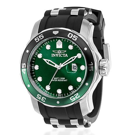 Invicta Pro Diver PC32 20ATM Green Dial 48mm Silver Stainless Steel Case Mens Watch with Black Silicone Strap