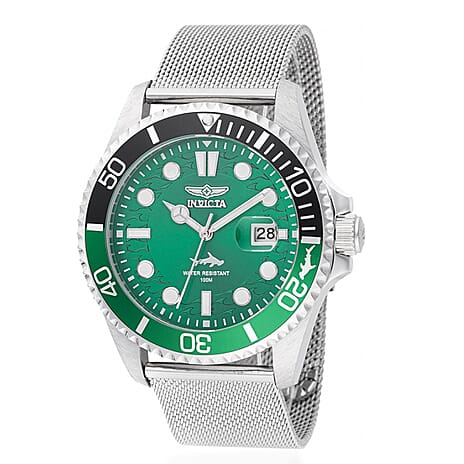 Invicta Pro Diver PC32 10ATM Green Dial 57mm Silver Stainless Steel Case Mens Watch with Silver Mesh Band