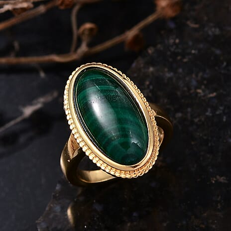 EverTrue Malachite Solitaire Ring in Yellow Gold Tone 13.44 Ct.