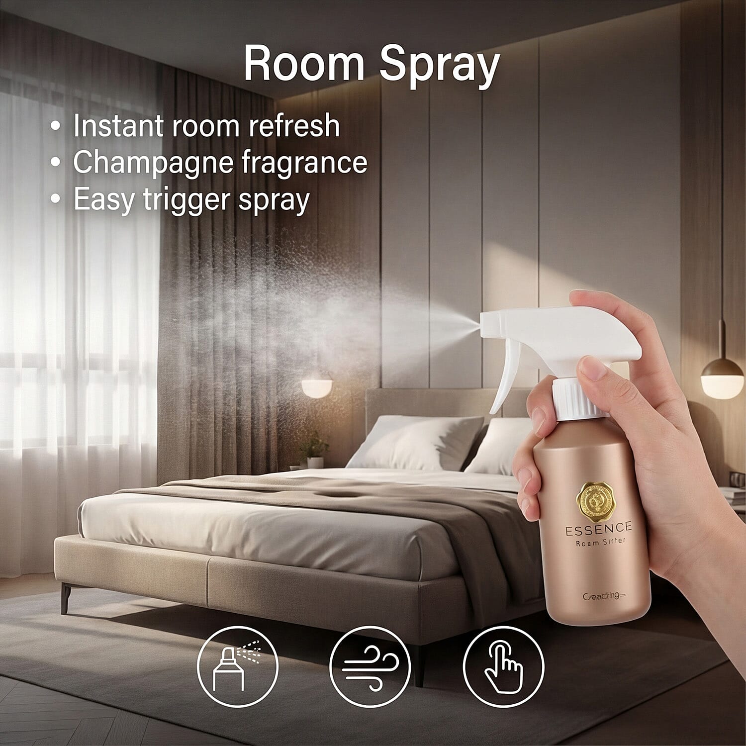 Champagne Scented Home Fragrance Set - Jar Candle (100g), Incense - Incense Spray (100ml) - Gold