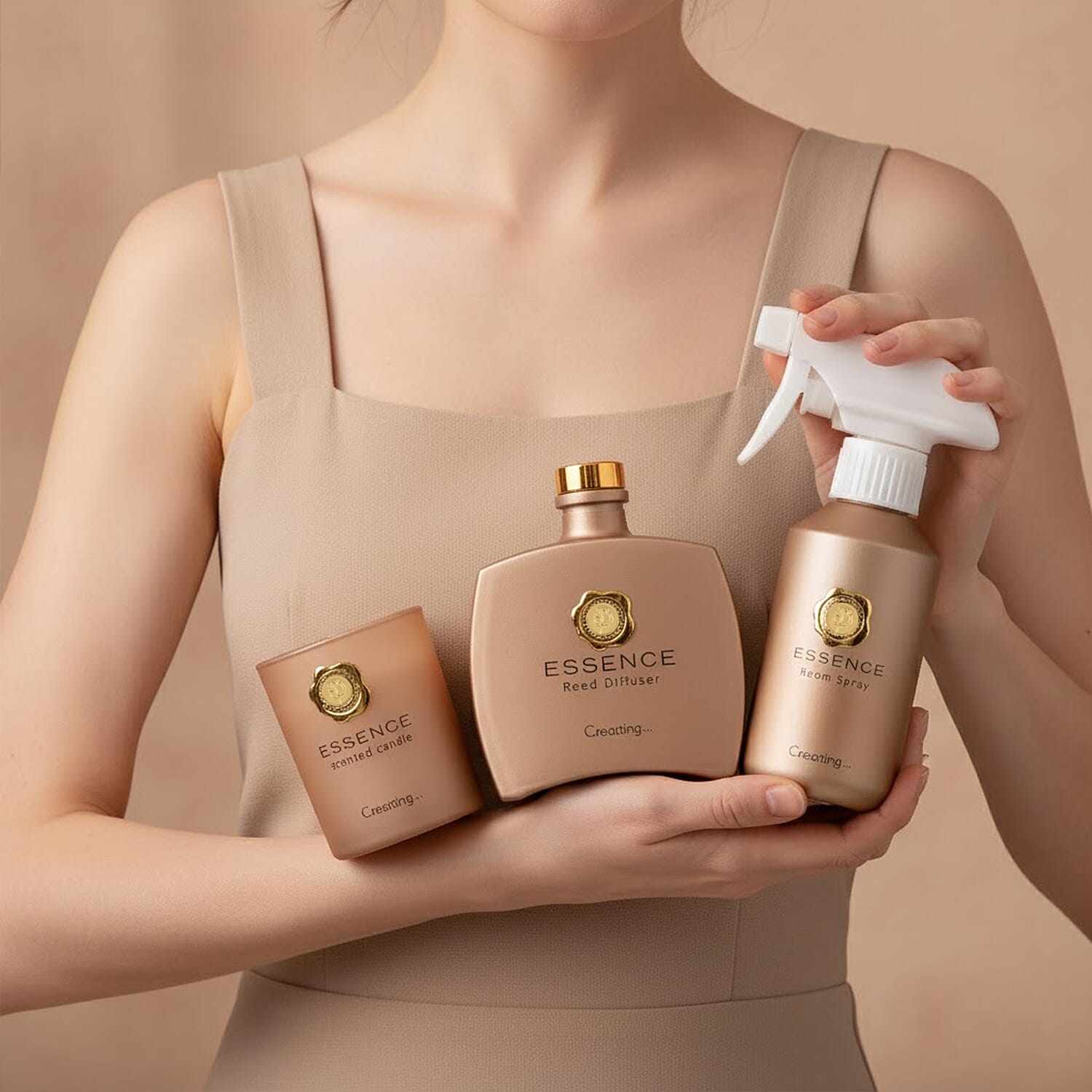 Champagne Scented Home Fragrance Set - Jar Candle (100g), Incense - Incense Spray (100ml) - Gold