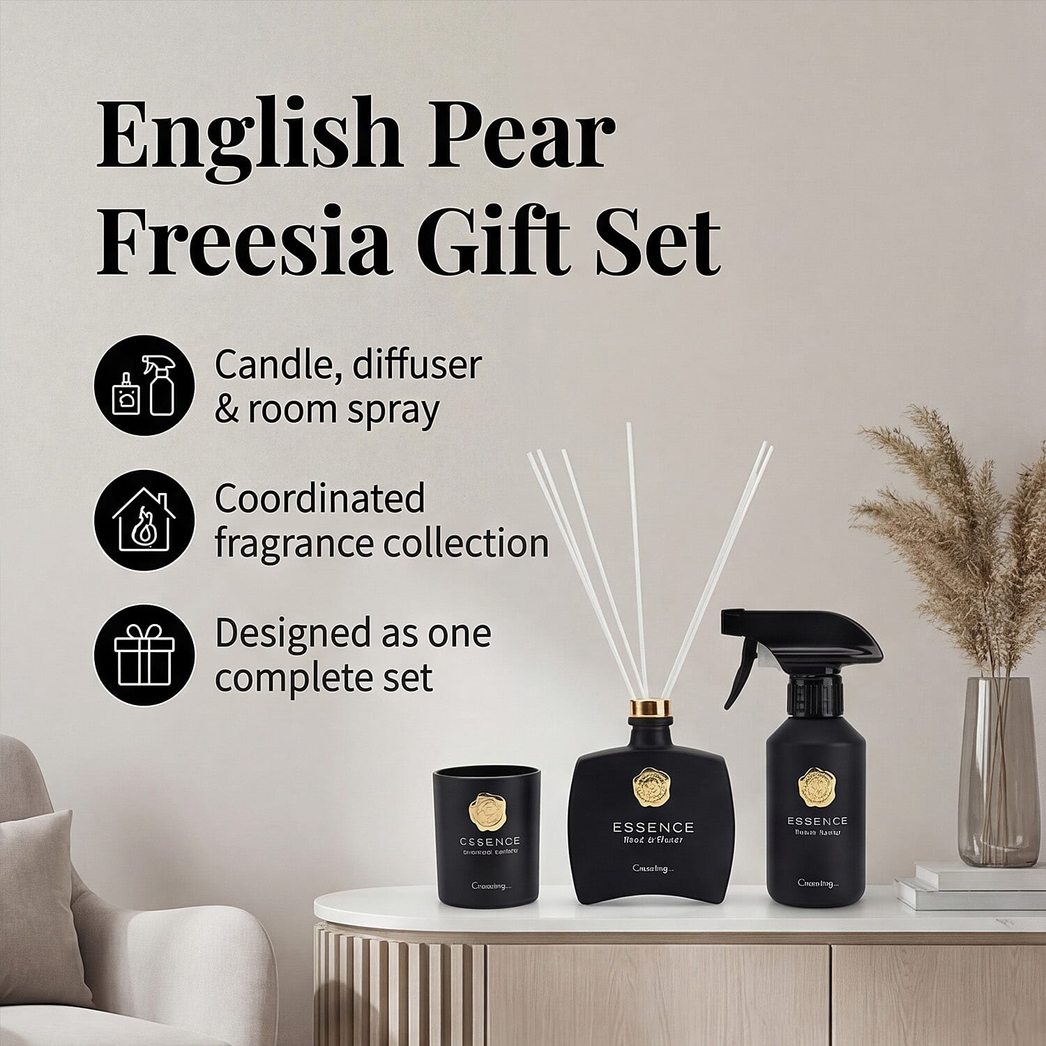 English Pear - Freesia Scented Home Fragrance Set - Jar Candle (100g), Incense - Incense Spray (100ml) - Black