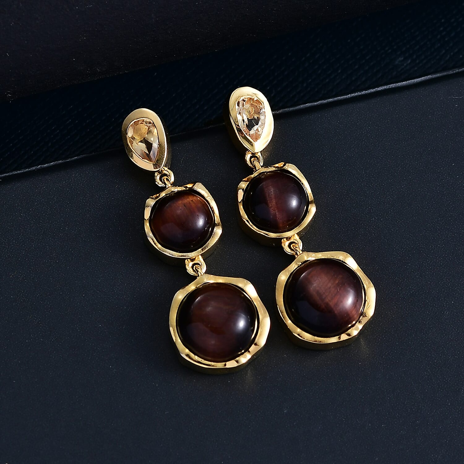 EverTrue Citrine & Red Tiger Eye Dangling Earring with Push Back in Yellow Gold Plated 14.27 Ct.