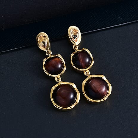 EverTrue Citrine & Red Tiger Eye Dangling Earring with Push Back in Yellow Gold Plated 14.27 Ct.