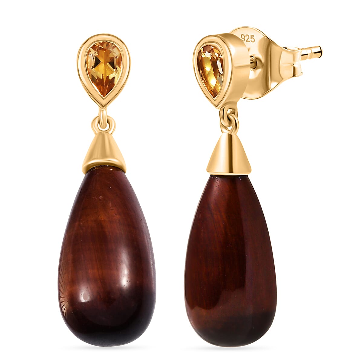 EverTrue Citrine & Red Tiger Eye Earring with Push Back in Yellow Gold Plated 28.42 Ct.