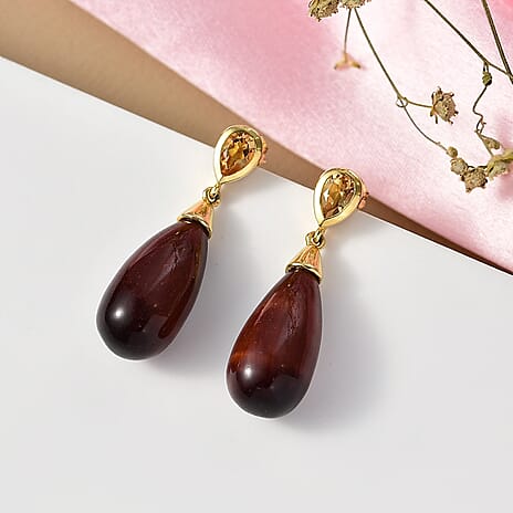 EverTrue Citrine & Red Tiger Eye Earring with Push Back in Yellow Gold Plated 28.42 Ct.