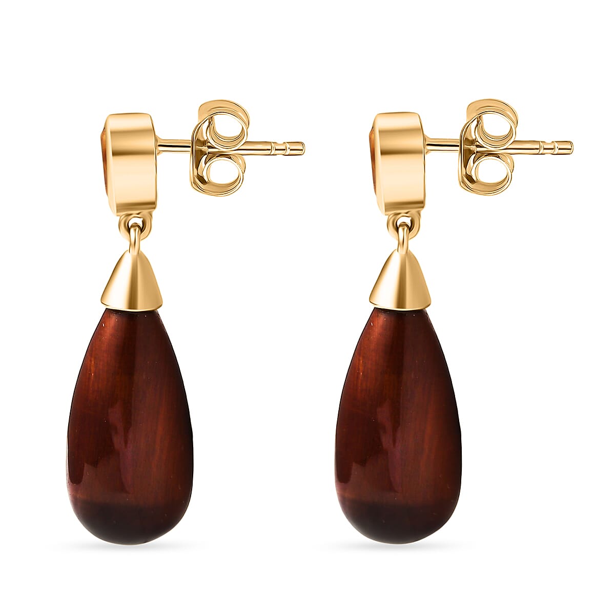 EverTrue Citrine & Red Tiger Eye Earring with Push Back in Yellow Gold Plated 28.42 Ct.