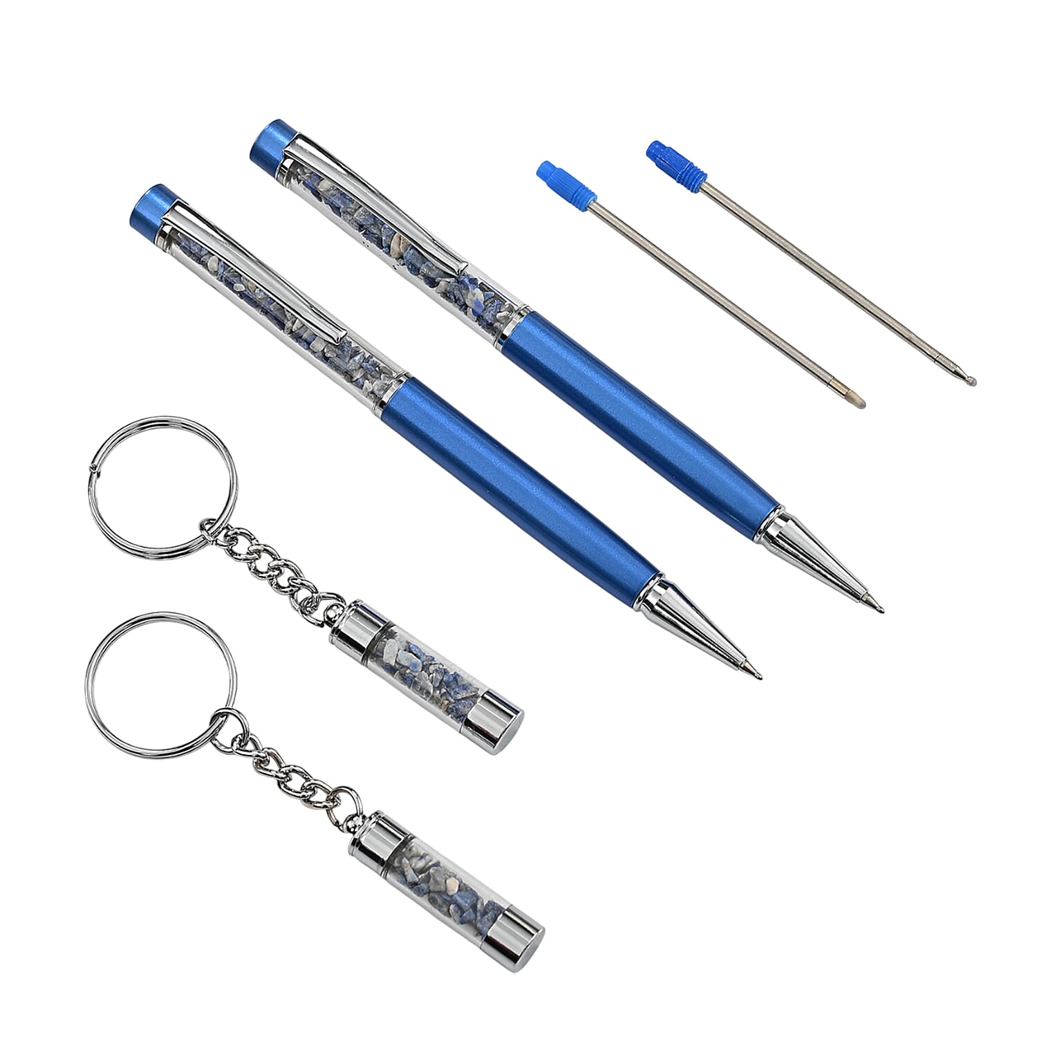 LIVMORE Luxury Set of 2 Sodalite Filled Pens With Refills and 2 Amethyst Filled Key Chains- Charms