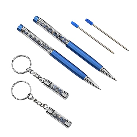 LIVMORE Luxury Set of 2 Sodalite Filled Pens With Refills and 2 Amethyst Filled Key Chains- Charms
