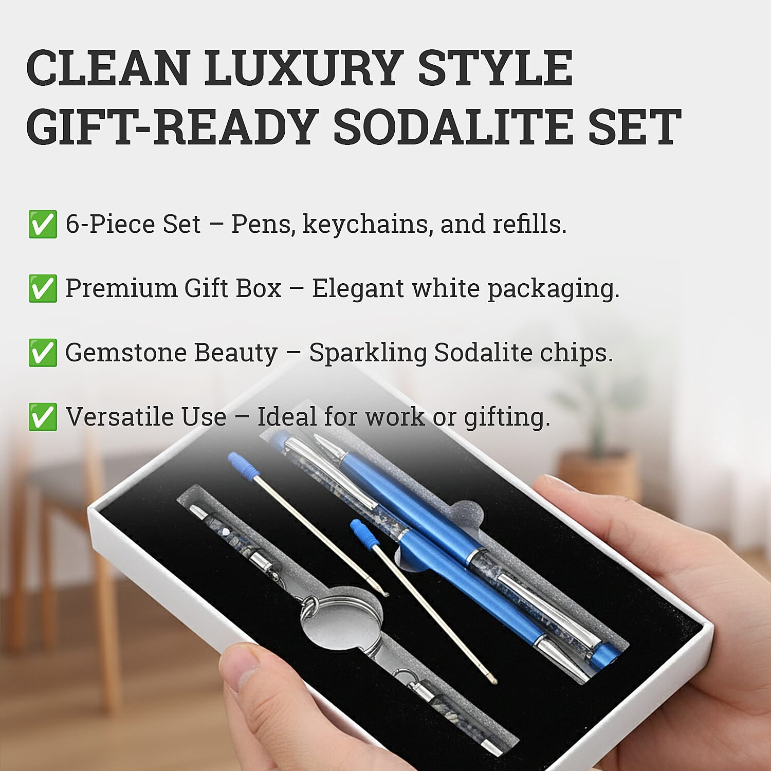 LIVMORE Luxury Set of 2 Sodalite Filled Pens With Refills and 2 Amethyst Filled Key Chains- Charms