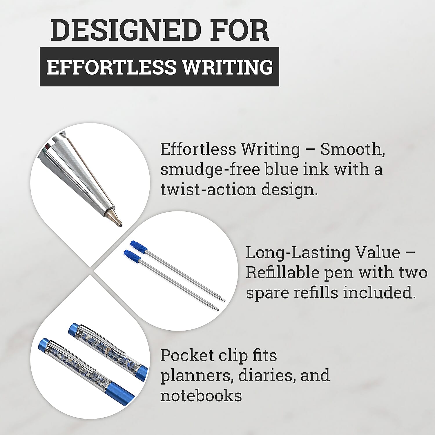 LIVMORE Luxury Set of 2 Sodalite Filled Pens With Refills and 2 Amethyst Filled Key Chains- Charms