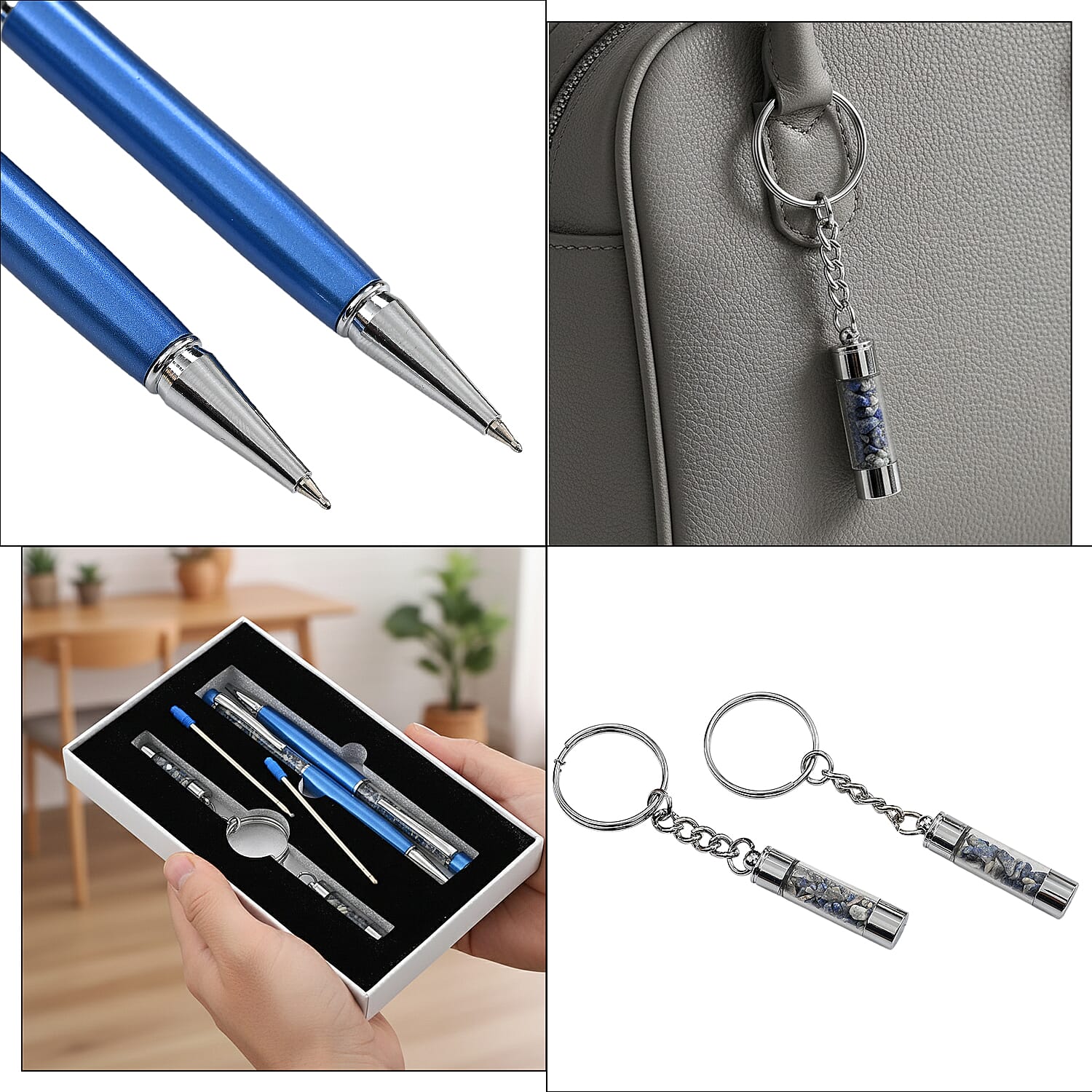 LIVMORE Luxury Set of 2 Sodalite Filled Pens With Refills and 2 Amethyst Filled Key Chains- Charms