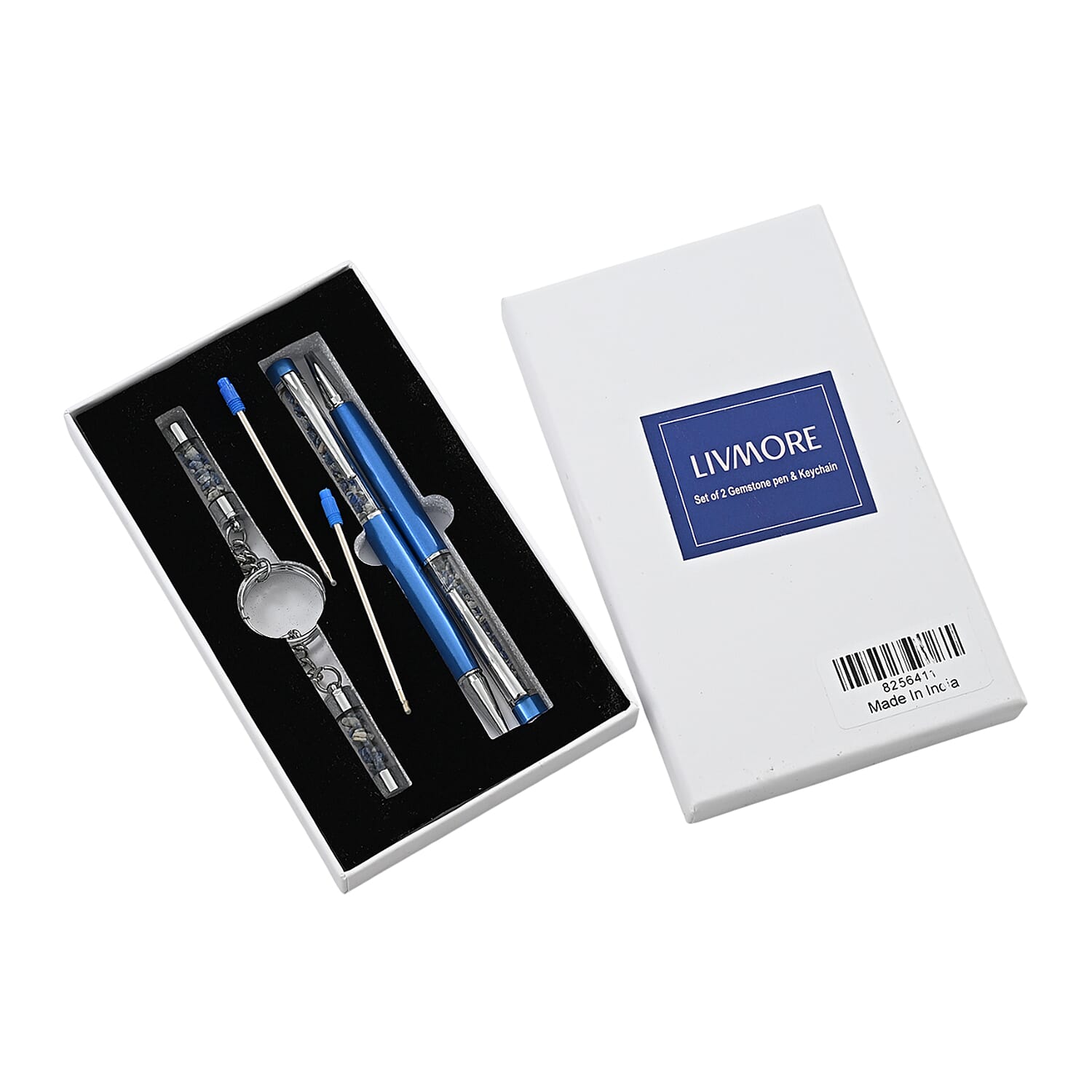 LIVMORE Luxury Set of 2 Sodalite Filled Pens With Refills and 2 Amethyst Filled Key Chains- Charms