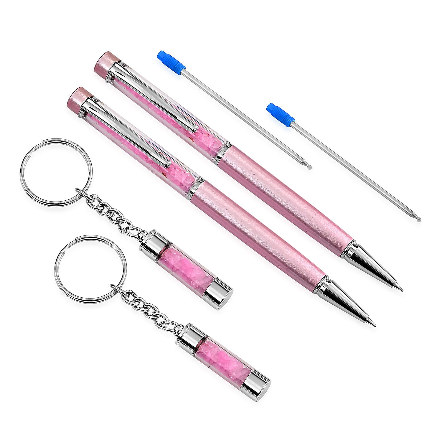 LIVMORE Rose Quarts Gemstone Pen Set with 2 Keychains & 2 Refills - Pink