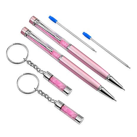 LIVMORE Rose Quarts Gemstone Pen Set with 2 Keychains & 2 Refills - Pink