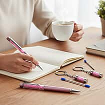 LIVMORE Rose Quarts Gemstone Pen Set with 2 Keychains and 2 Refills - Pink