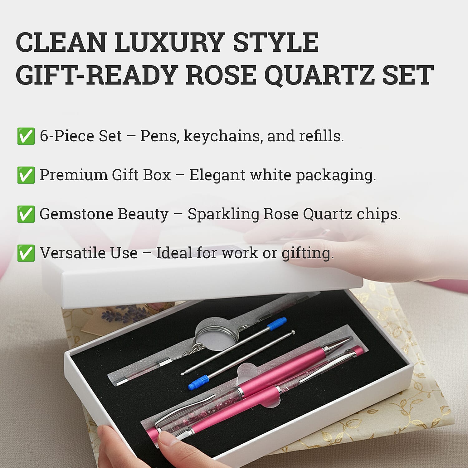 LIVMORE Rose Quarts Gemstone Pen Set with 2 Keychains & 2 Refills - Pink
