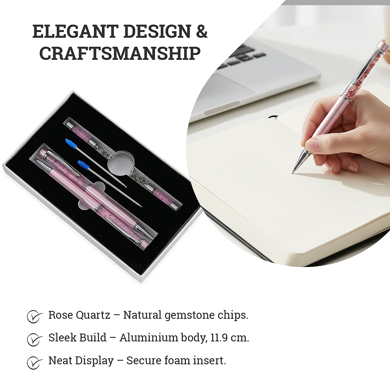 LIVMORE Rose Quarts Gemstone Pen Set with 2 Keychains & 2 Refills - Pink