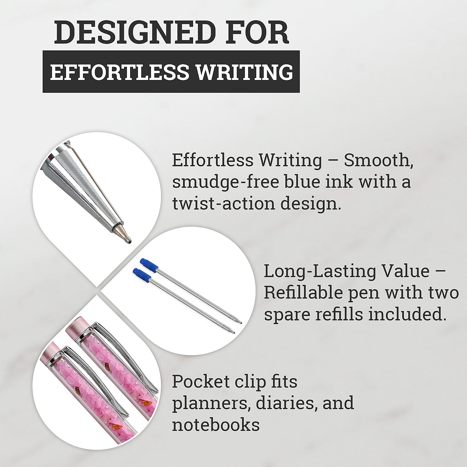 LIVMORE Rose Quarts Gemstone Pen Set with 2 Keychains & 2 Refills - Pink