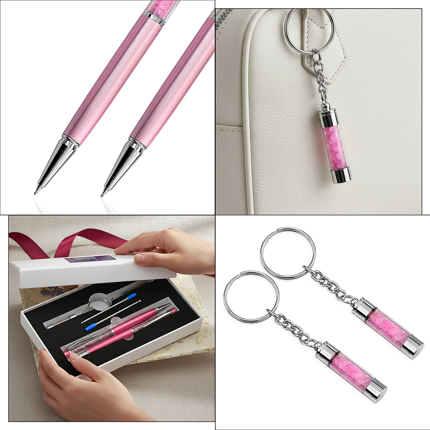 LIVMORE Rose Quarts Gemstone Pen Set with 2 Keychains & 2 Refills - Pink