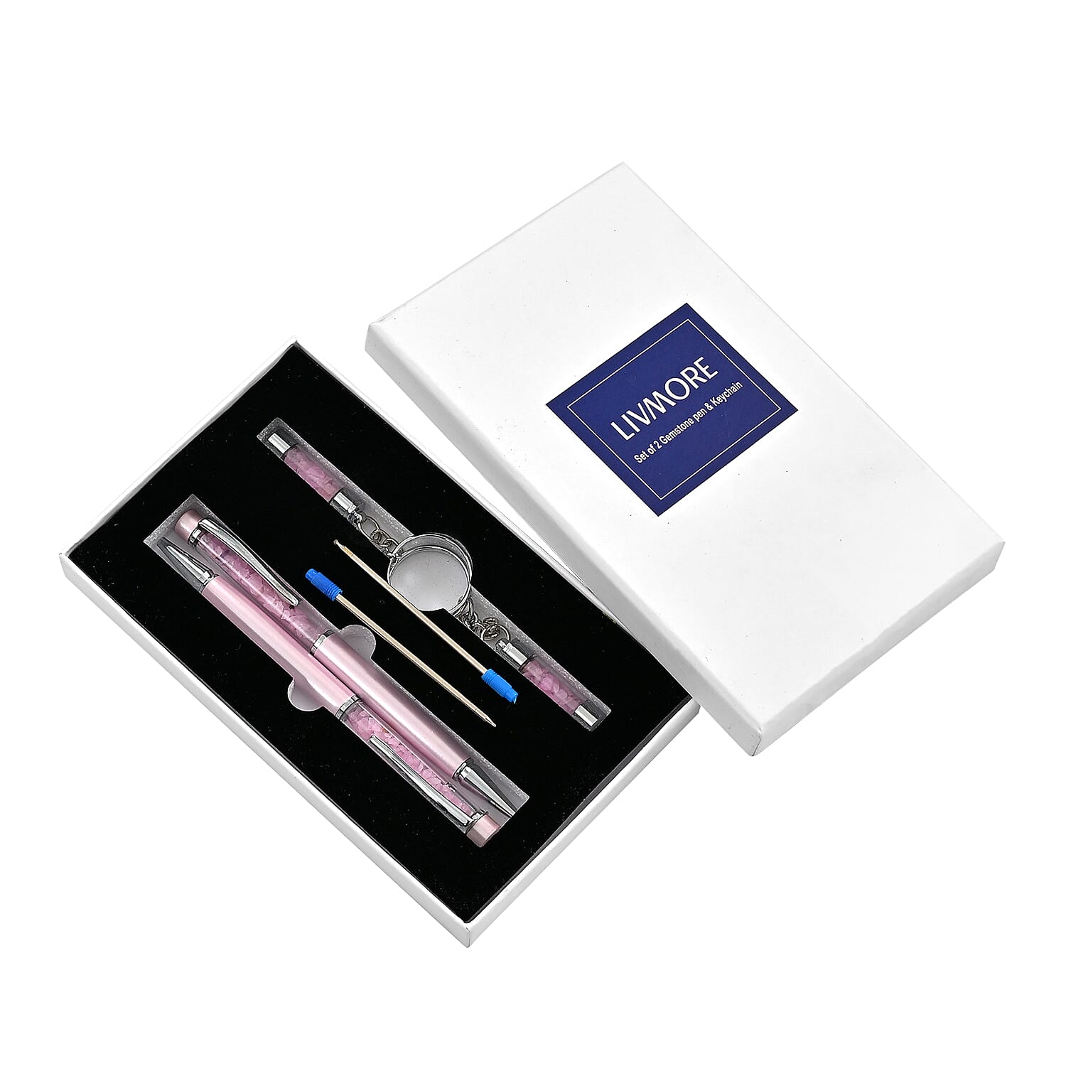 LIVMORE Rose Quarts Gemstone Pen Set with 2 Keychains & 2 Refills - Pink