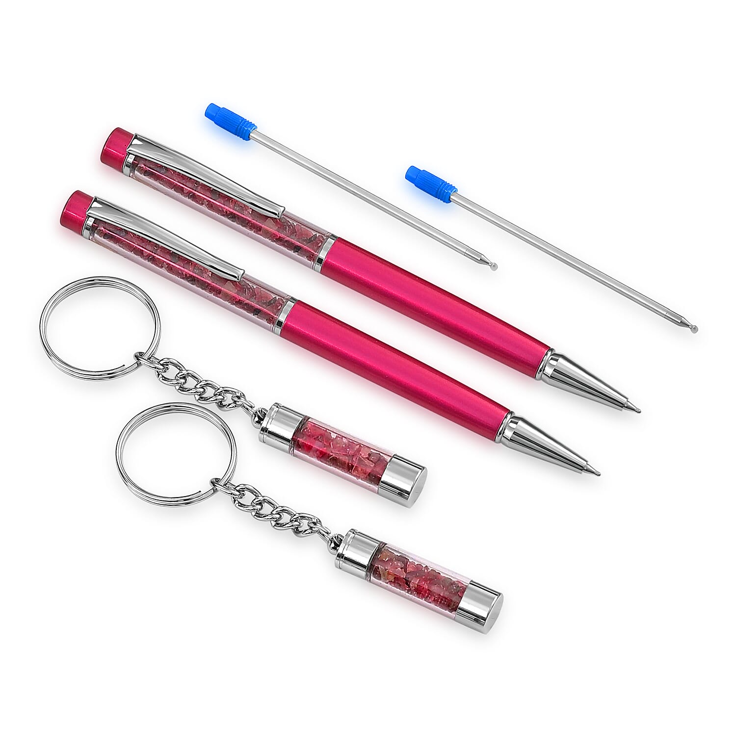 LIVMORE Tourmuline Gemstone Pen Set with 2 Keychains & 2 Refills - Pink