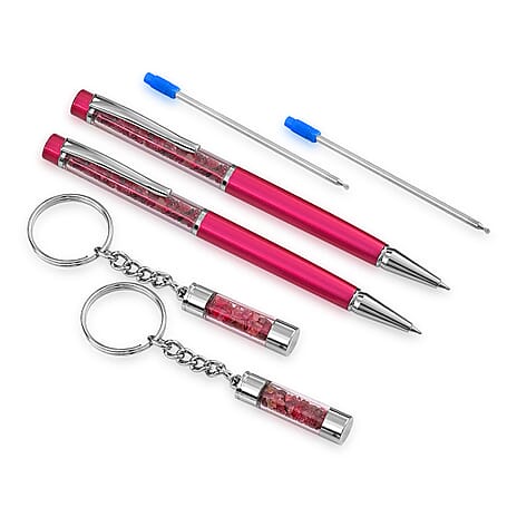LIVMORE Tourmuline Gemstone Pen Set with 2 Keychains & 2 Refills - Pink