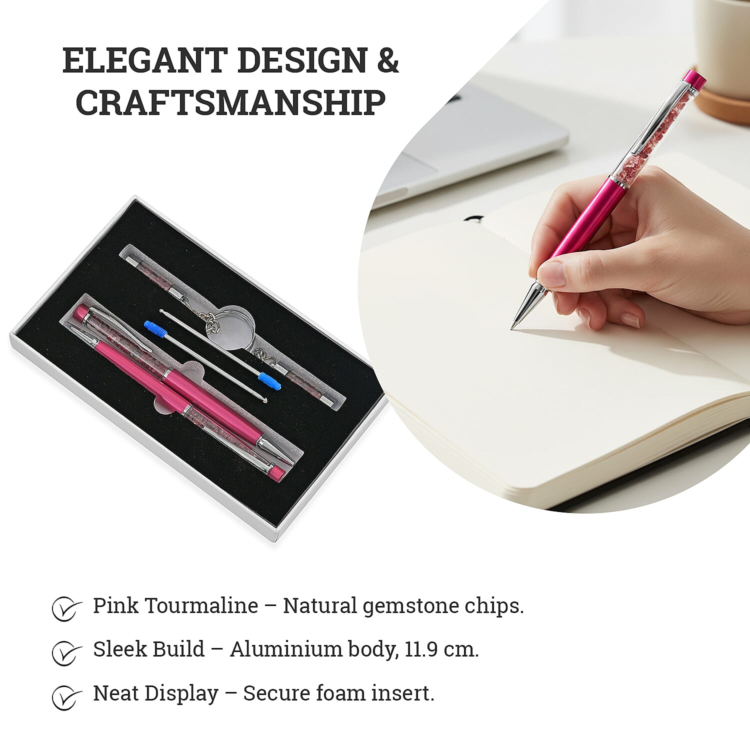 LIVMORE Tourmuline Gemstone Pen Set with 2 Keychains & 2 Refills - Pink