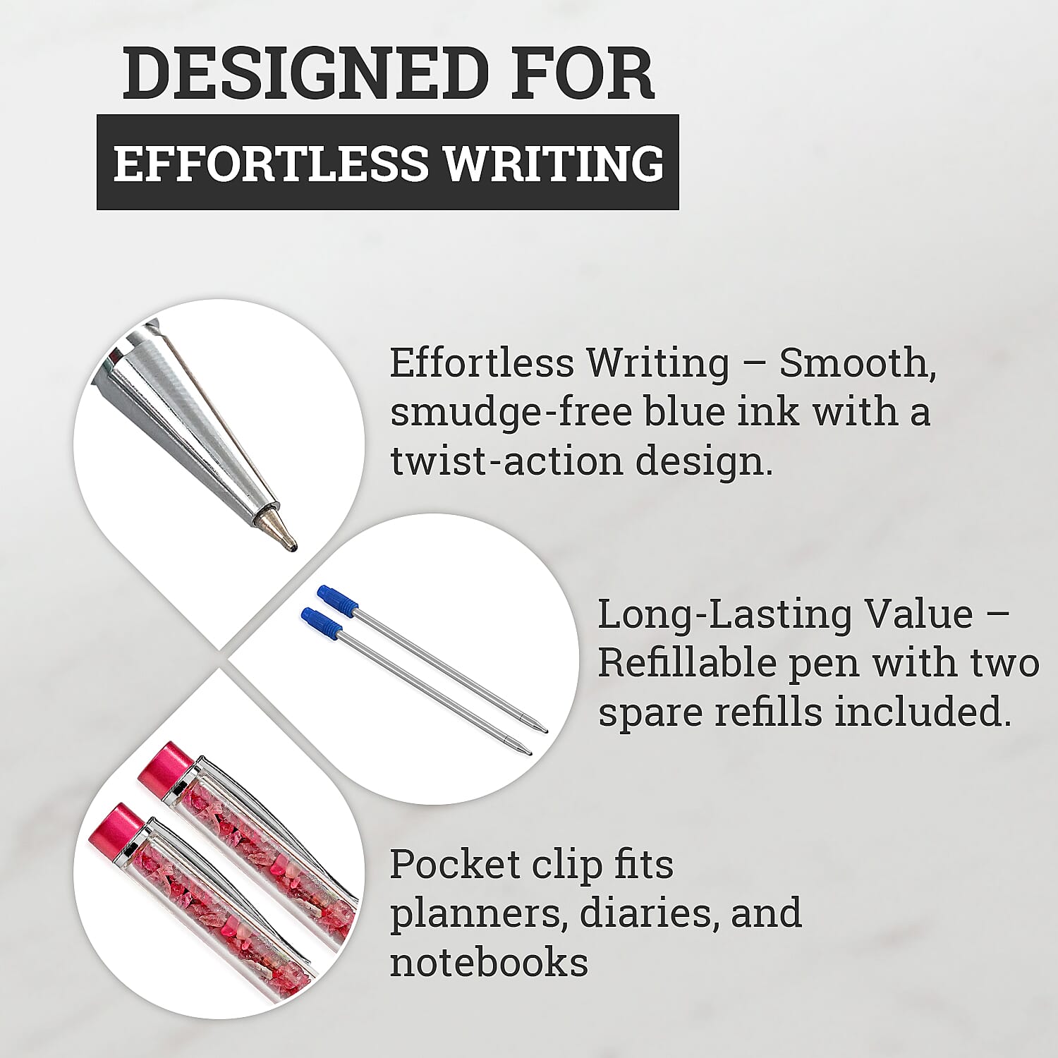 LIVMORE Tourmuline Gemstone Pen Set with 2 Keychains & 2 Refills - Pink