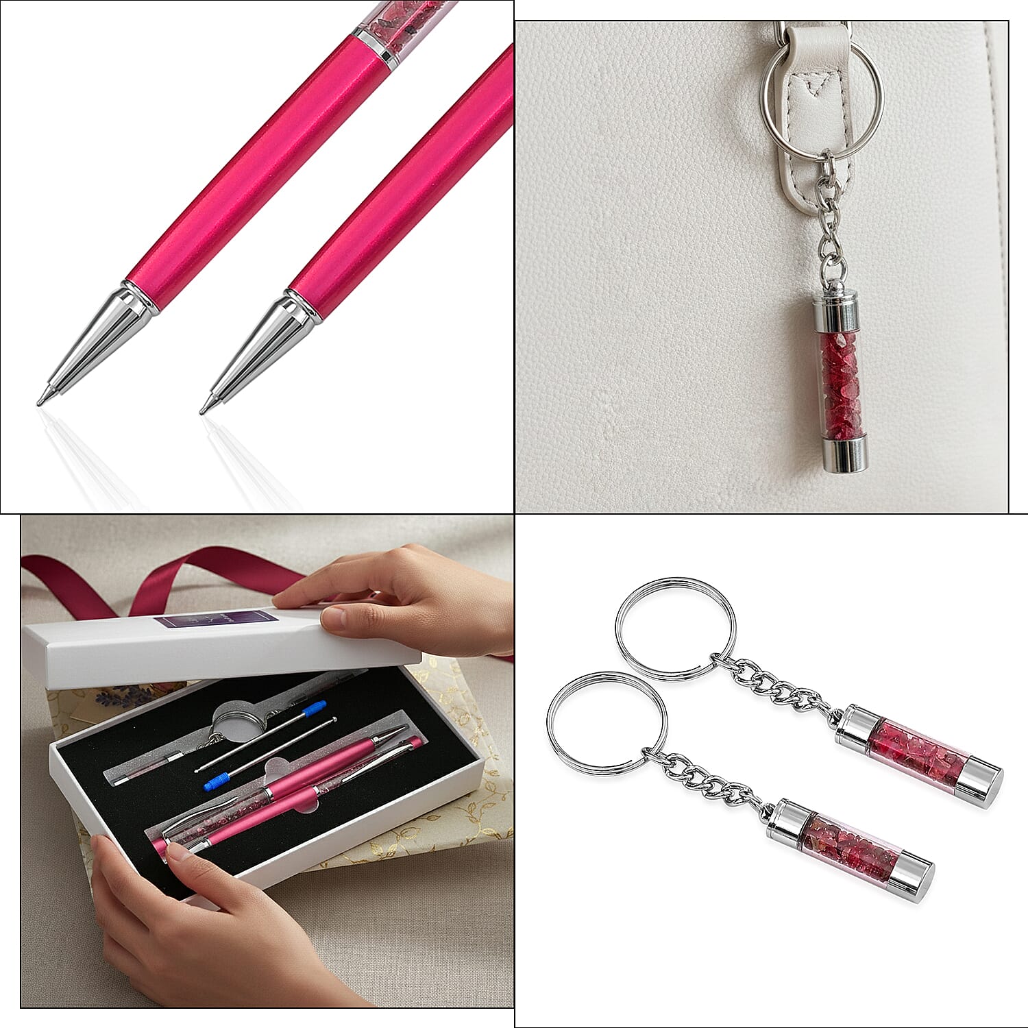 LIVMORE Tourmuline Gemstone Pen Set with 2 Keychains & 2 Refills - Pink